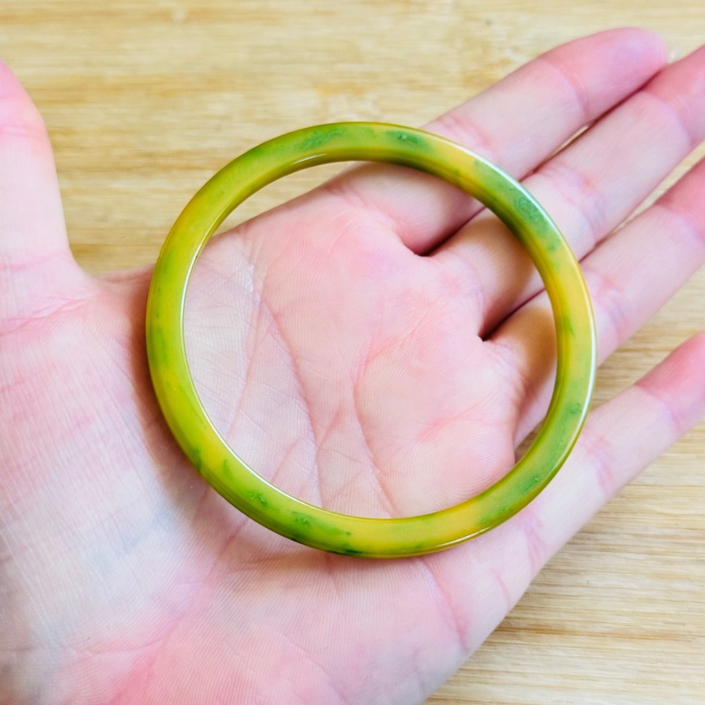 VTG Yellow Green Swirled Bakelite Bangle Bracelet Tested Art Deco Marbled Spacer